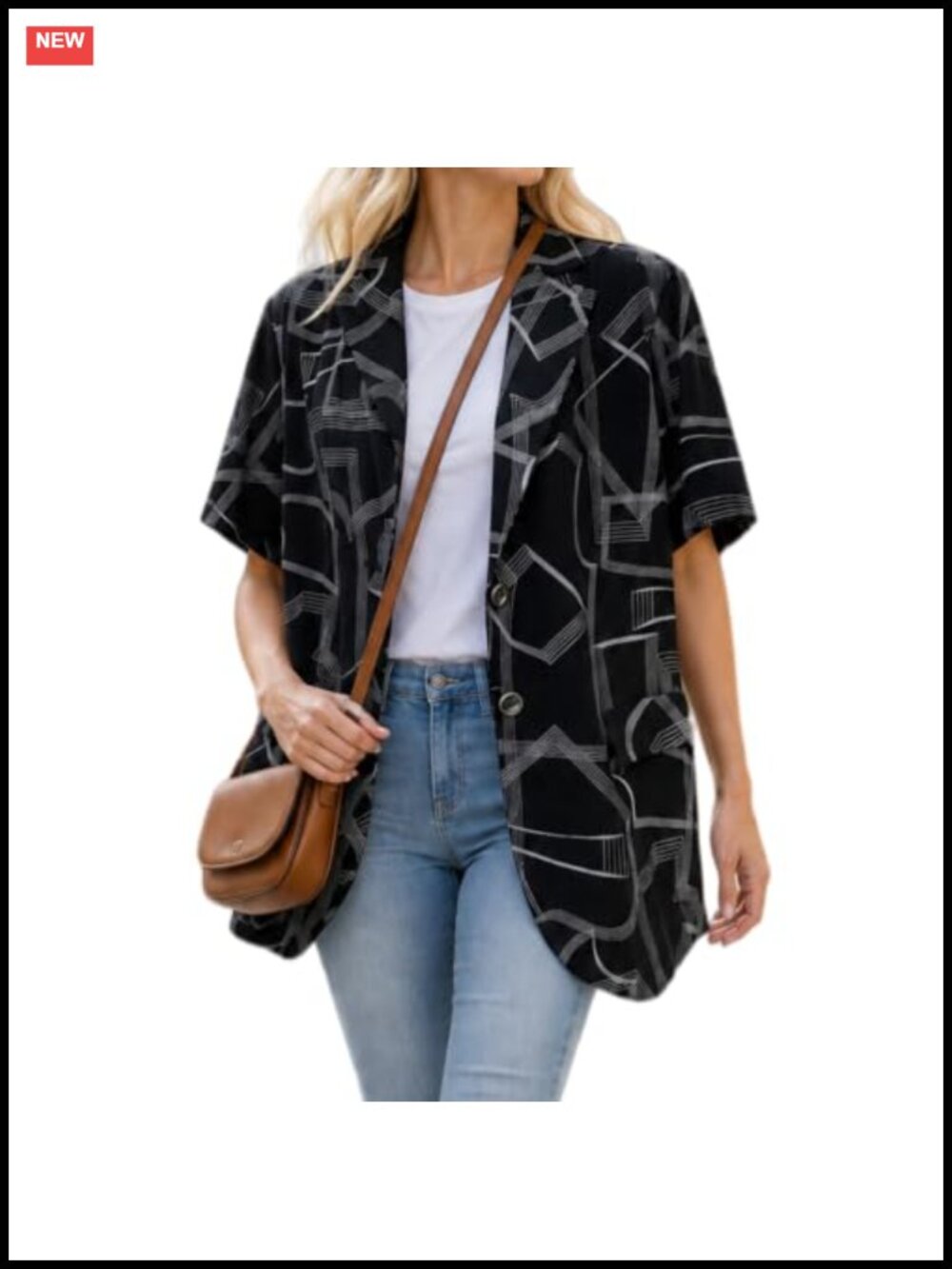 Women's Short Sleeve Lapel V-Neck Blazer Geometric Print Lightweight 75% Rayon